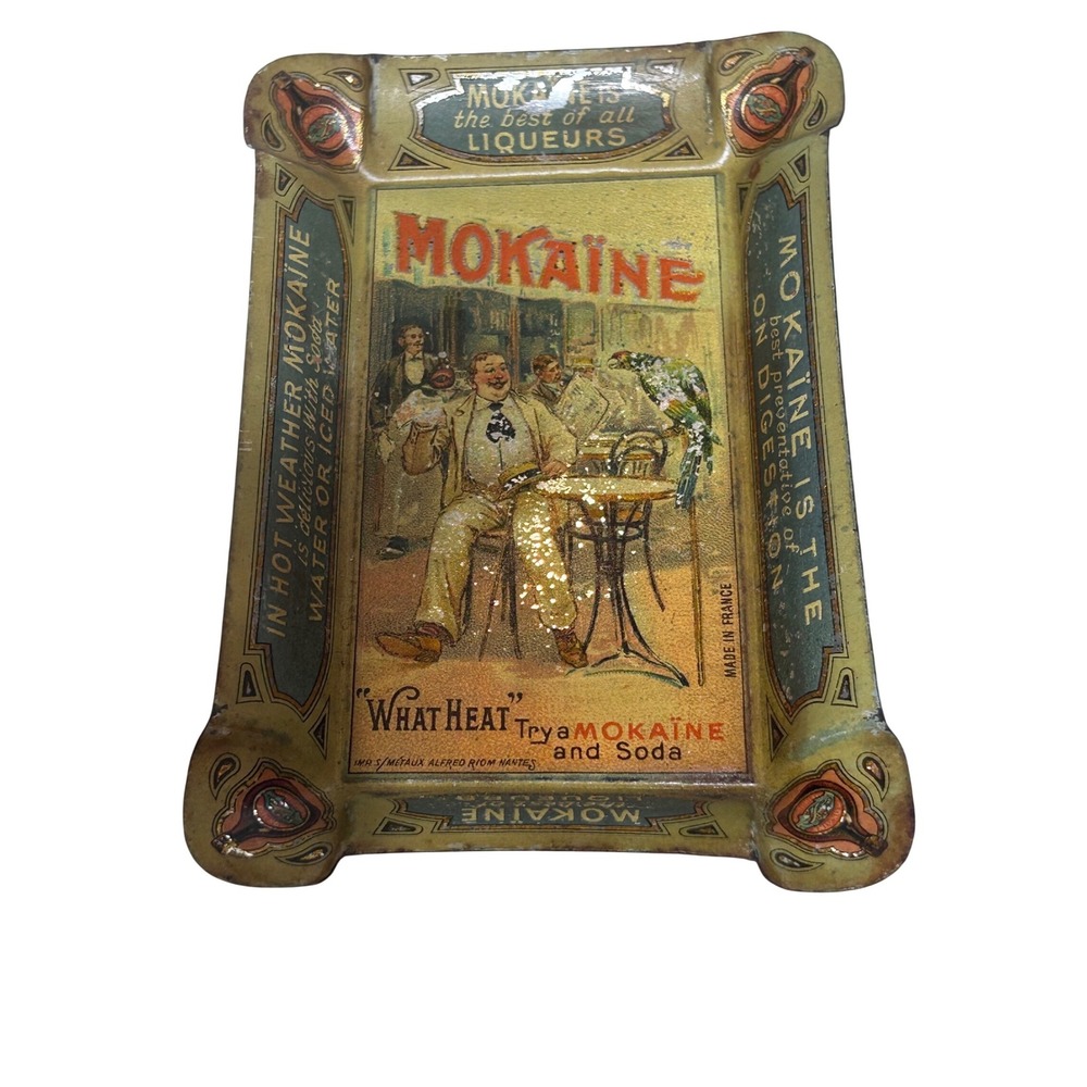 Vintage Mokaine Liqueur French Advertising Tray Metal Litho Alfred Riom Nantes